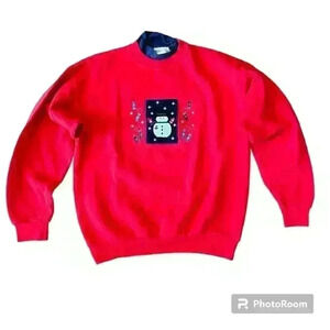 Vintage 80s Christmas Embroidered Snowman Size Large Made in USA Cottagecore 90s